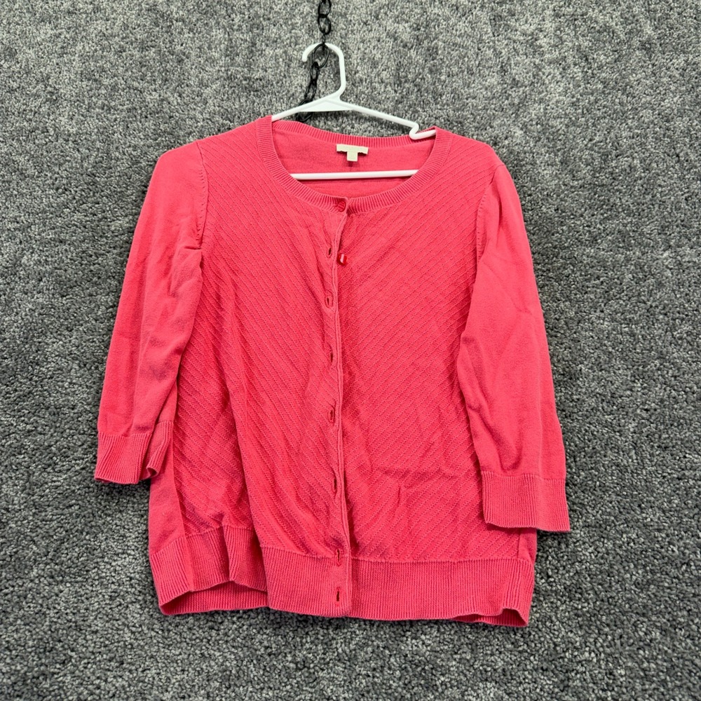 Talbots Cardigan Womens Small Petite Pink 3/4 Sleeve Button Front Ribbed Cotton